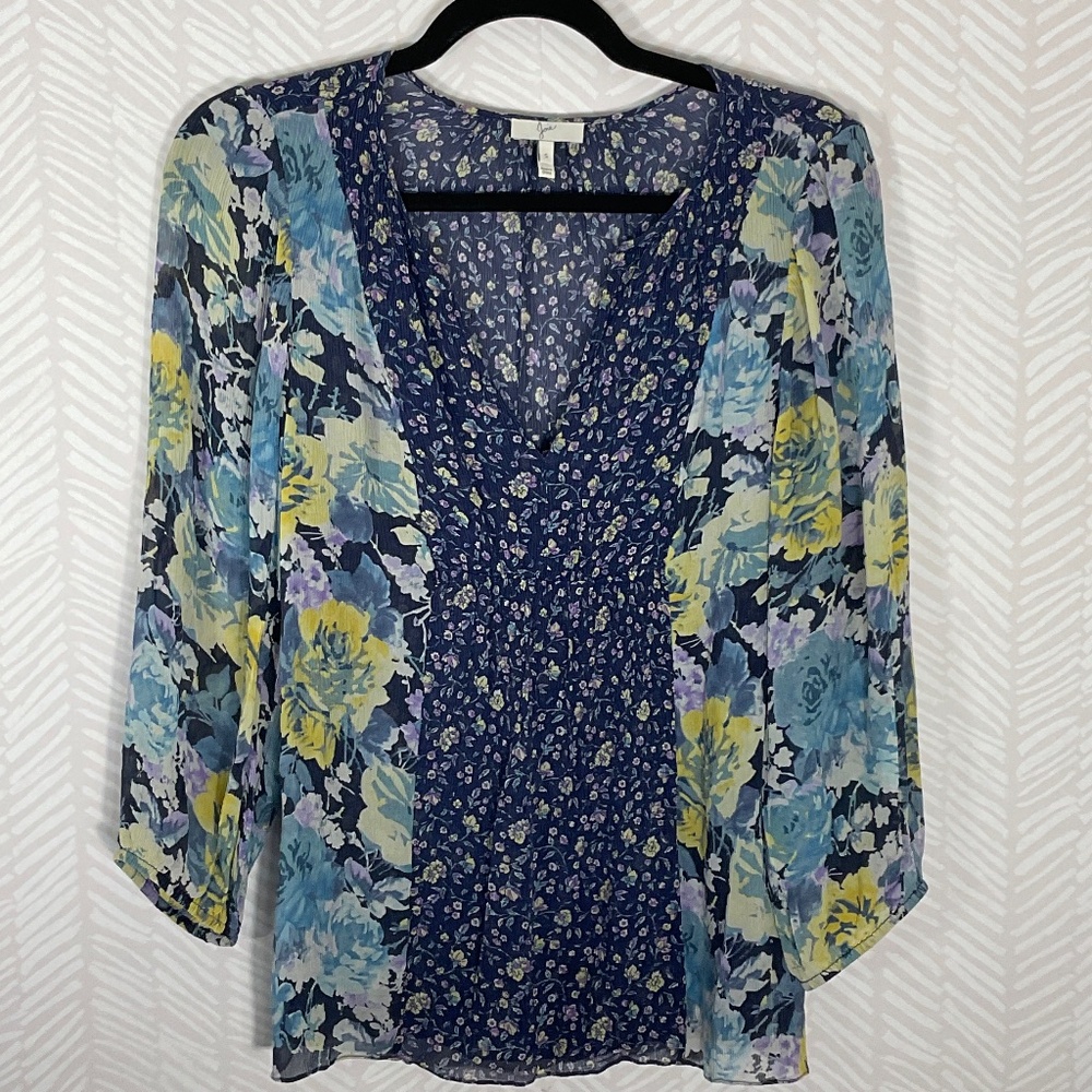 Joie Thistle Blue Floral Blouse 100% Silk Size Small